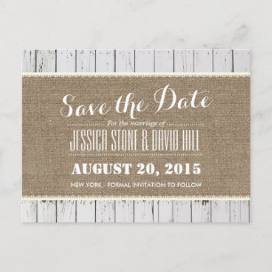 Carte Postale Faire-part Mariage Rustique Toile de Jute & Rayures de Bois E