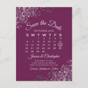 Carte Postale Faire-part Mariage Silver & Cassis Calendrier d'enregistremen