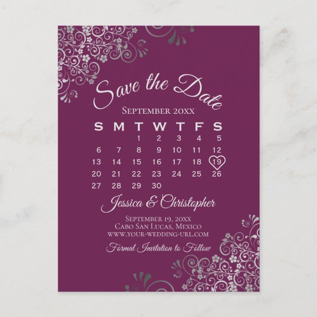 Carte Postale Faire-part Mariage Silver & Cassis Calendrier d'enregistremen (Devant)
