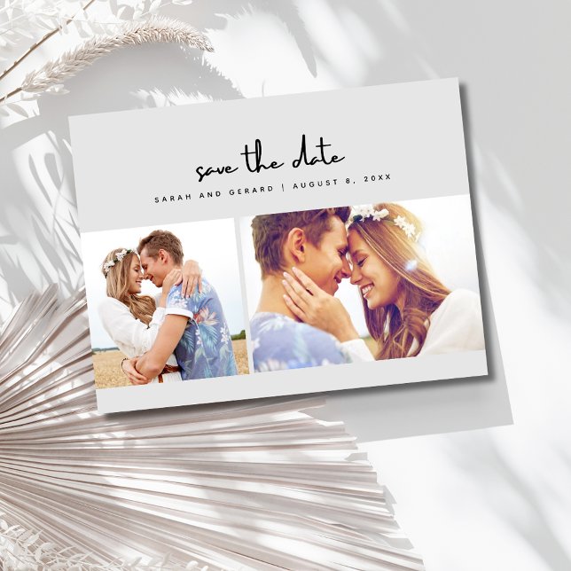 Carte Postale Faire-part Mariage simple gris deux photos Enregistrer la dat (Simple Gray Two Photo Wedding Save the Date Postcard)