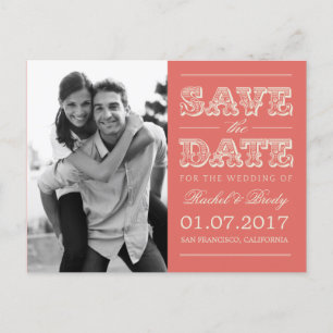 Carte Postale Faire-part Mariage Sucré Vintage Sauvez La Date - Corail
