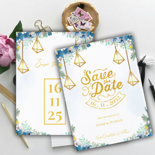 Carte Postale Faire-part Mariage tendance bleu jaune floral avec lanternes