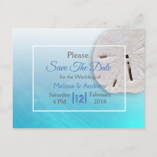 Carte Postale Faire-part Mariage Thème Dollar de Sable Bleu Aqua Enregistre