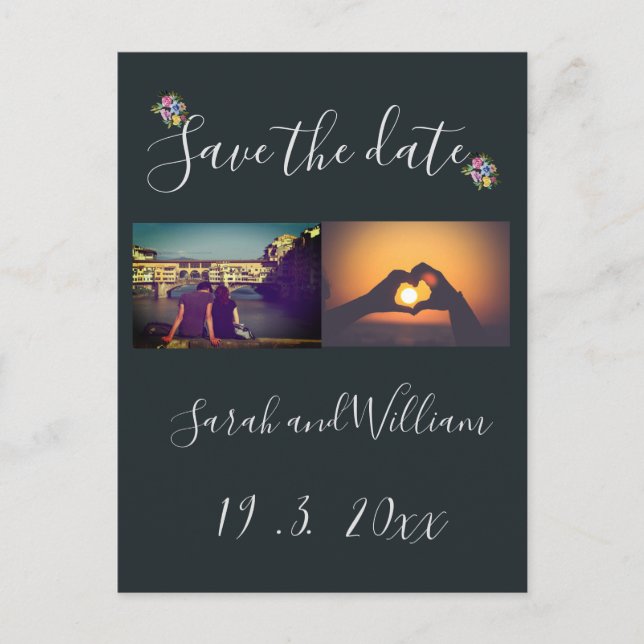 Carte Postale Faire-part Mariage Thème Élégant Bohème Chic Fleurs Bleu Mari (Devant)