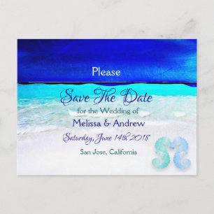 Carte Postale Faire-part Mariage Thème Océan Plage Bleue Enregistrez la Dat