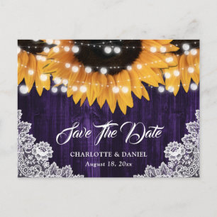 Carte Postale Faire-part Mariage Tournesol Broderie Bois Violet