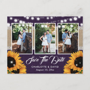 Carte Postale Faire-part Mariage Tournesol Violet 3 Photo Enregistrer La Da