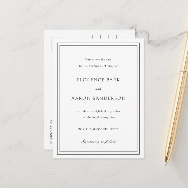 Carte Postale Faire-part Mariage traditionnel noir et blanc, enregistrez la (Devant/Arrière en situation)