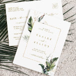 Carte Postale Faire-part Mariage Tropical Foliage Gold Enregistrer la date<br><div class="desc">Ce mariage enregistrer la carte d'invitation de date comprend aquarelle vert feuillage tropical,  feuilles de palmiers,  feuilles de bananes avec cadre rectangle or. Il est parfait pour une plage ou un mariage de destination. >>> Découvrez l'ensemble de la collection >>> https://www.zazzle.com/collections/tropical_foliage_gold_collection-119316977990783186</div>