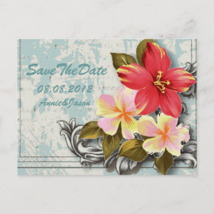 Carte Postale Faire-part mariage tropical hawaii hibiscus enregistrer la da