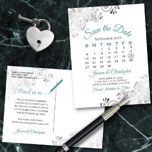 Carte Postale Faire-part Mariage turquoise, gris et blanc Enregistrer le ca