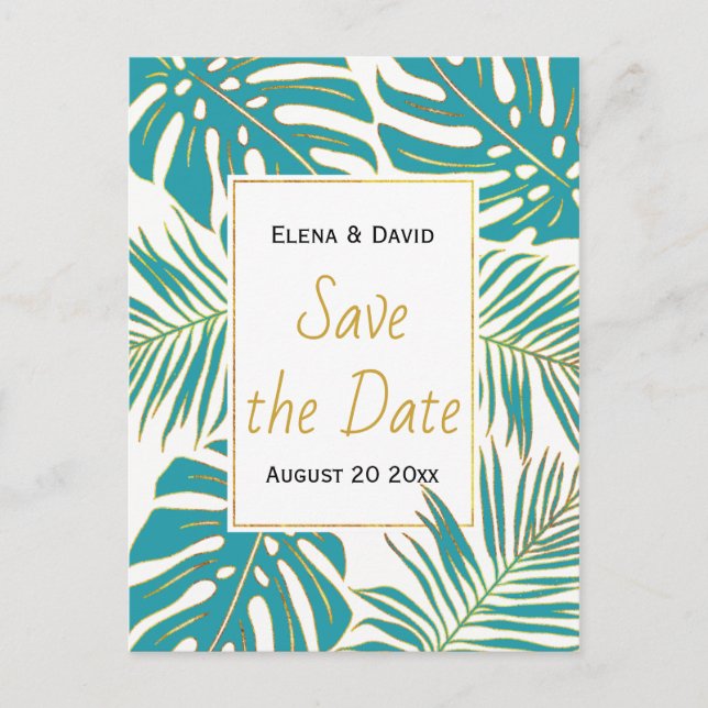 Carte Postale Faire-part Mariage turquoise, or tropical feuille Enregistrer (Devant)