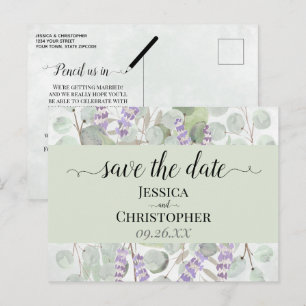 Carte Postale Faire-part Mariage Vert Lavande & Eucalyptus Save the Date