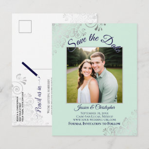 Carte Postale Faire-part Mariage Vert Menthe Et Bleu Marine Enregistrer la 