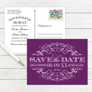 Carte Postale Faire-part Mariage Vintage à Motifs de Rouleaux Violets Enreg