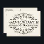 Carte Postale Faire-part Mariage vintage de l'ivoire noir sauvez la date<br><div class="desc">Des tourbillons décoratifs et des fioritures encadrent ce mariage d'inspiration vintage et élégante,  à l'exception du design de la carte postale datée. La conception recto verso inclut tous les détails importants pour les futurs noces de mariée et de mariée. Ivoire / écru avec schéma de couleur noire.</div>