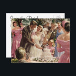 Carte Postale Faire-part Mariage Vintage Jeunes Mariés Coupe de Gâteau Enre<br><div class="desc">Facile à personnaliser enregistrer la carte postale de date. Ajoutez simplement vos informations ! Illustration vintage d'amour et de romance design mettant en vedette une mariée et un marié coupant le gâteau à leur réception de mariage. Les jeunes mariés heureux s'amusent d'être juste mariés et de célébrer avec la famille...</div>