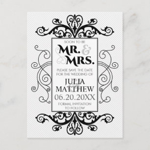 Carte Postale Faire-part Mariage Vintage Noir à Motifs Spirales Enregistrez