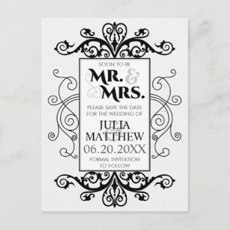 Carte Postale Faire-part Mariage Vintage Noir à Motifs Spirales Enregistrez