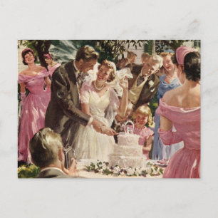 Carte Postale Faire-part Mariage vintage Nouveaux mariés Couper gâteau Enre