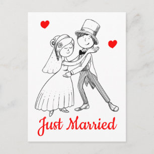 Carte Postale Faire-part Mariés depuis peu Mariée Marié Cartoon Noir Rouge 