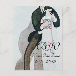 CARTE POSTALE FAIRE-PART MARIÉS ROMANTIQUES & ÉCONOMISEZ LA DATE  MONOGRAMM