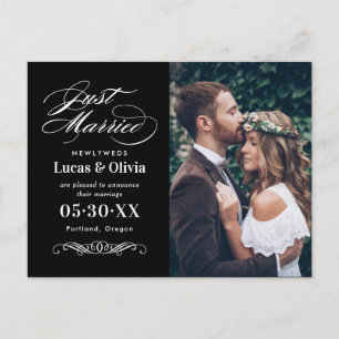 Carte Postale Faire-part Mariés tout juste Photo de mariage élégant en noir