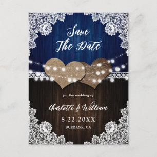Carte Postale Faire-part Marine Bleu Bois Burlap Dentelle Mariage Enregistr