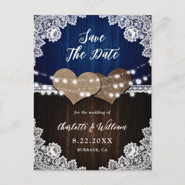 Carte Postale Faire-part Marine Bleu Bois Burlap Dentelle Mariage Enregistr (Devant)