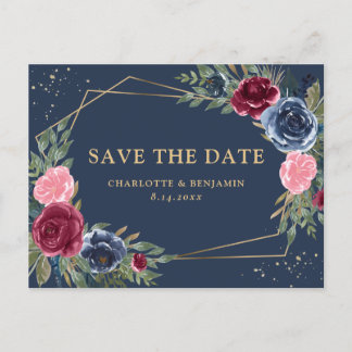 Carte Postale Faire-part Marine Bleu Bourgogne Or Floral Économisez La Date