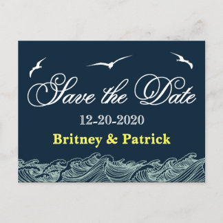 Carte Postale Faire-part Marine Bleu et Jaune Mariage Nautique Enregistrer