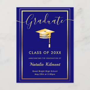 Carte Postale Faire-part Marine Bleu et or Moderne Casquette diplômé