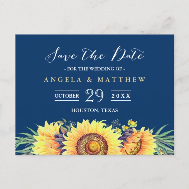 Carte Postale Faire-part Marine Bleu Jaune Sunflower Mariage Enregistrer la (Devant)
