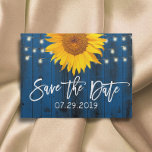 Carte Postale Faire-part Marine Bleu Rustique Mariage de tournesol Enregist<br><div class="desc">Fleurs de soleil rustiques et lumières à cordes Marine Blue Barn Wedding Enregistrer la date Annonces.</div>