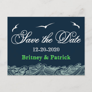 Carte Postale Faire-part Marine Bleu & Vert Mariage nautique Sauvez les dat
