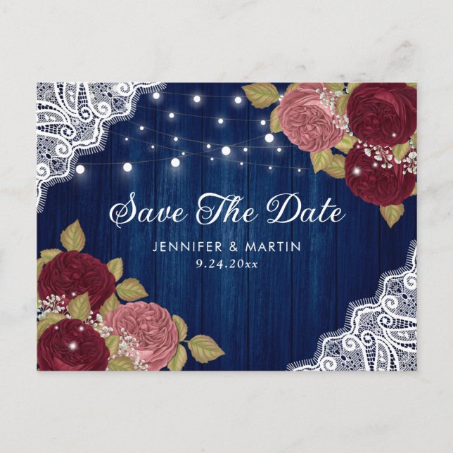 Carte Postale Faire-part Marine Bleue Bourgogne et Mariage Blush Enregistre (Devant)