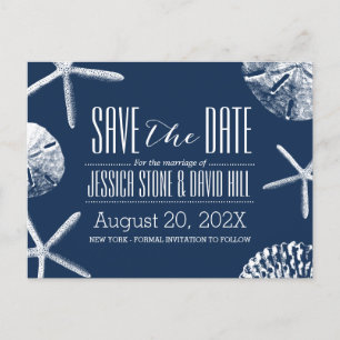 Carte Postale Faire-part Marine Blue Beach Seashells Mariage Sauvez la date