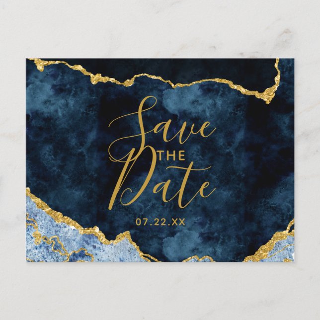 Carte Postale Faire-part Marine Blue Gold Foil Agate Marbre Enregistrer la  (Devant)