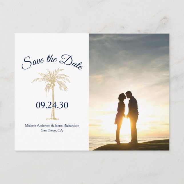 Carte Postale Faire-part Marine Blue Gold Palm Tree Mariage Enregistrer Dat (Devant)