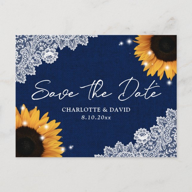 Carte Postale Faire-part Marine Blue Sunflower Dentelle mariage Enregistrer (Devant)
