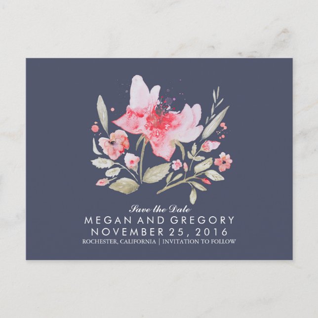 Carte Postale Faire-part marine florale et aquarelle rose enregistrer la da (Devant)