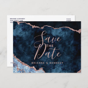 Carte Postale Faire-part Marine Rose Gold Agate Marbre Enregistrer la date