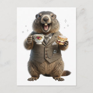 Carte Postale Faire-part Marmotte buvant du thé