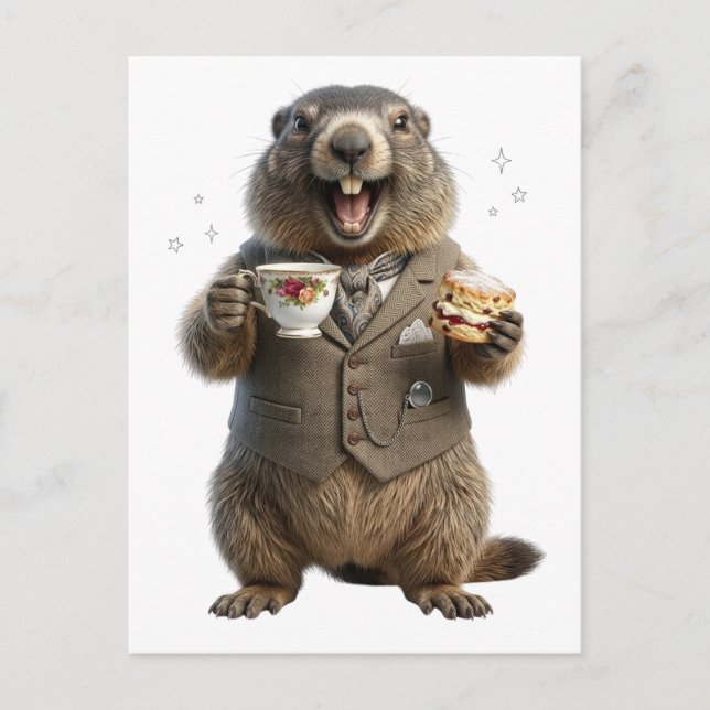 Carte Postale Faire-part Marmotte buvant du thé (Devant)