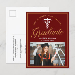 Carte Postale Faire-part Maroon Gold Médicale School Photo Graduation Party