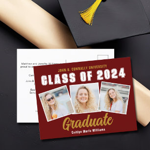 Carte Postale Faire-part Maroon Gold White Photo Collage 2025 Graduation