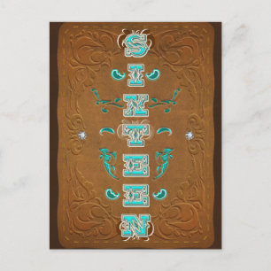 Carte Postale Faire-part Marron rustique occidental et turquoise SIXTEEN 16