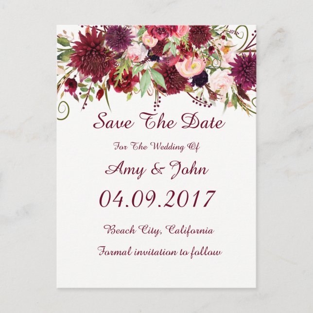 Carte Postale Faire-part Marsala Red Floral Wedding Enregistrer la date Car (Devant)