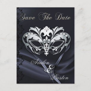 Carte Postale Faire-part Mascarade Argentée Bijou Noir Enregistrez La Date