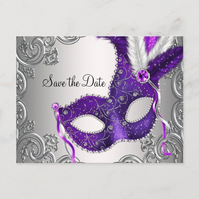 Carte Postale Faire-part Mascarade Violette Enregistrez La Date (Devant)